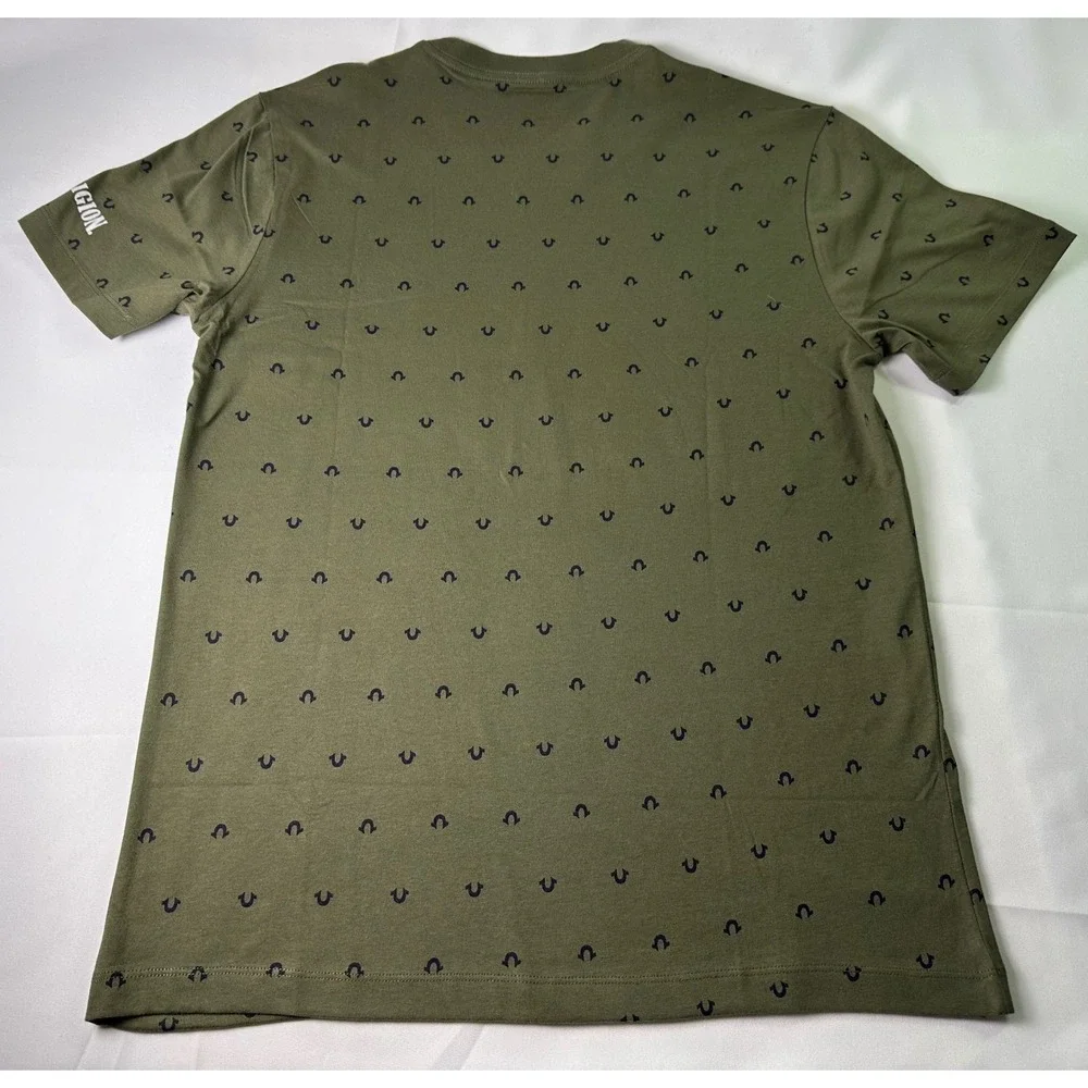 True Religion Men's Olive Green Mini Horseshoe Logo AOP Med Short Sleeve T-Shirt